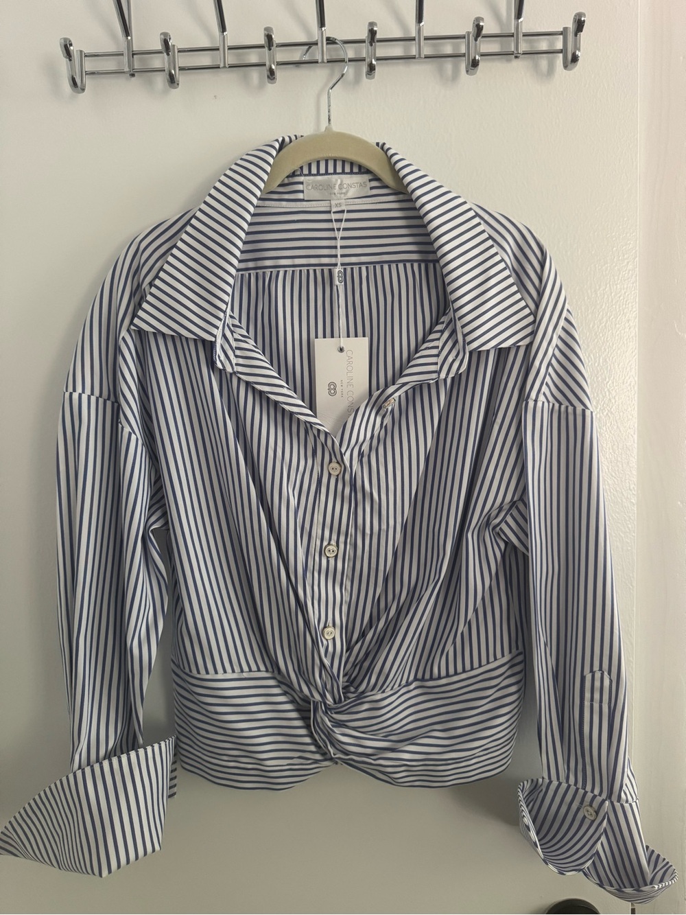 Caroline Constas Kos Twist Top Blue Stripe Button Down Shirt NWT XS